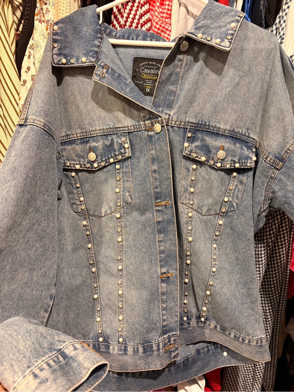 Cavalini Light Blue Pearl-Trim Denim Jacket